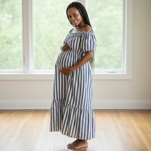 XS Maternity Blue White Striped Off Shoulder Dress Rayon Ruffle Nautical Breezy
